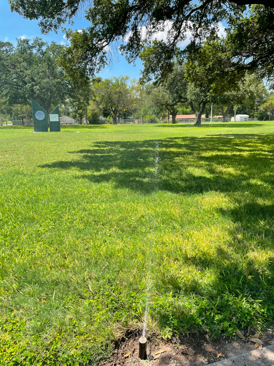 Photo of a single in-ground sprinkler in the foreground shooting a jet across a large lawn with multiple trees and a blue sky.