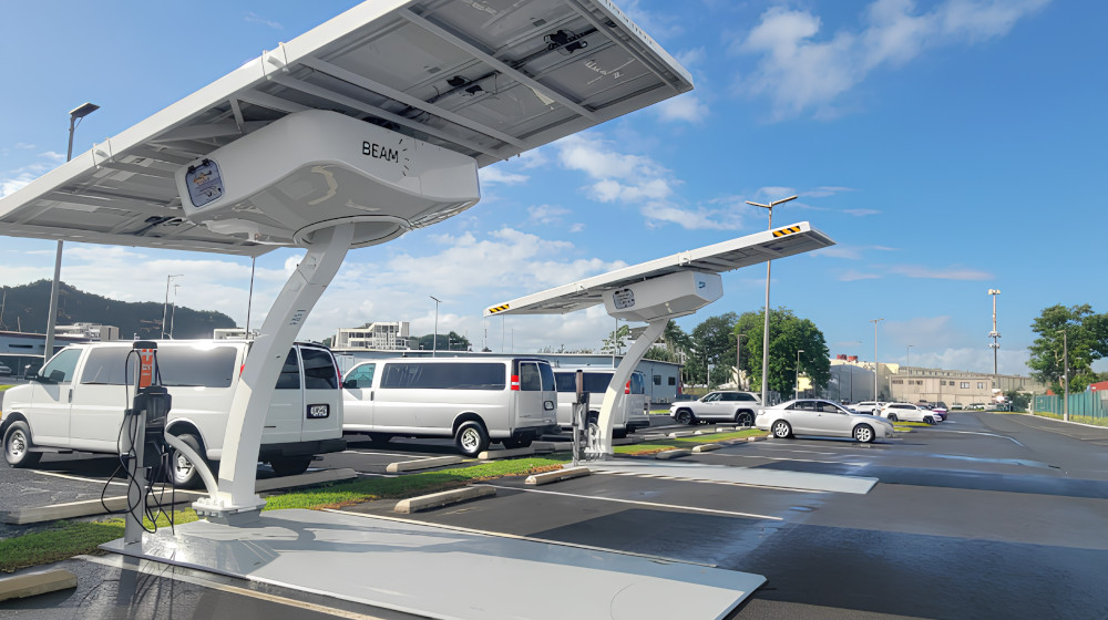 Picture of the Army Corps of Engineers parking lot with solar platforms