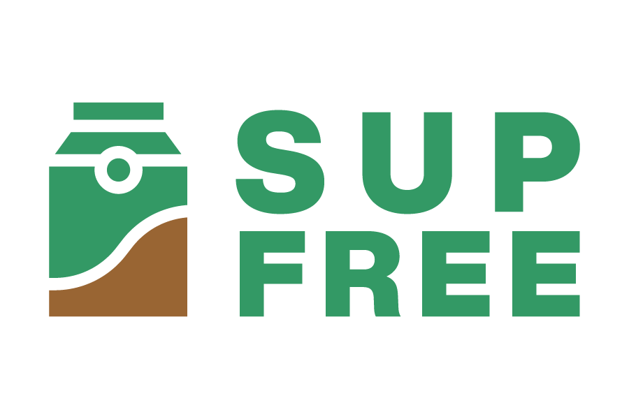 Logo has a green and brown washing machine icon on the left. It says SUP Free on the right