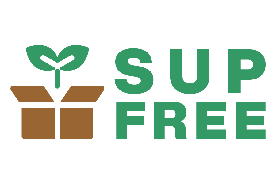 Logo has an open brown box on the left with a green plant icon above. It says SUP Free on the right.