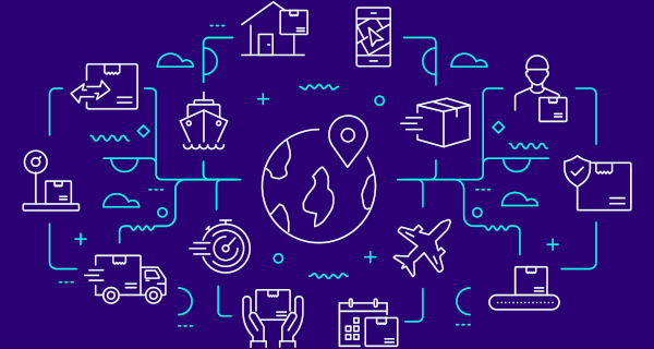 Decorative image for Acquisition Life Cycle Tools that shows a bunch of transportation and shipping icons connected by lines, with a globe in the middle